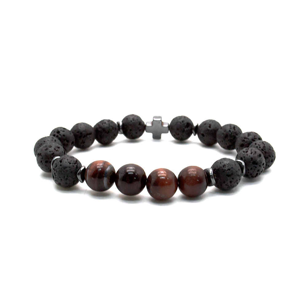 Фото товара браслет из лавы,бычьего глаза 10 мм с крестиком из гематита