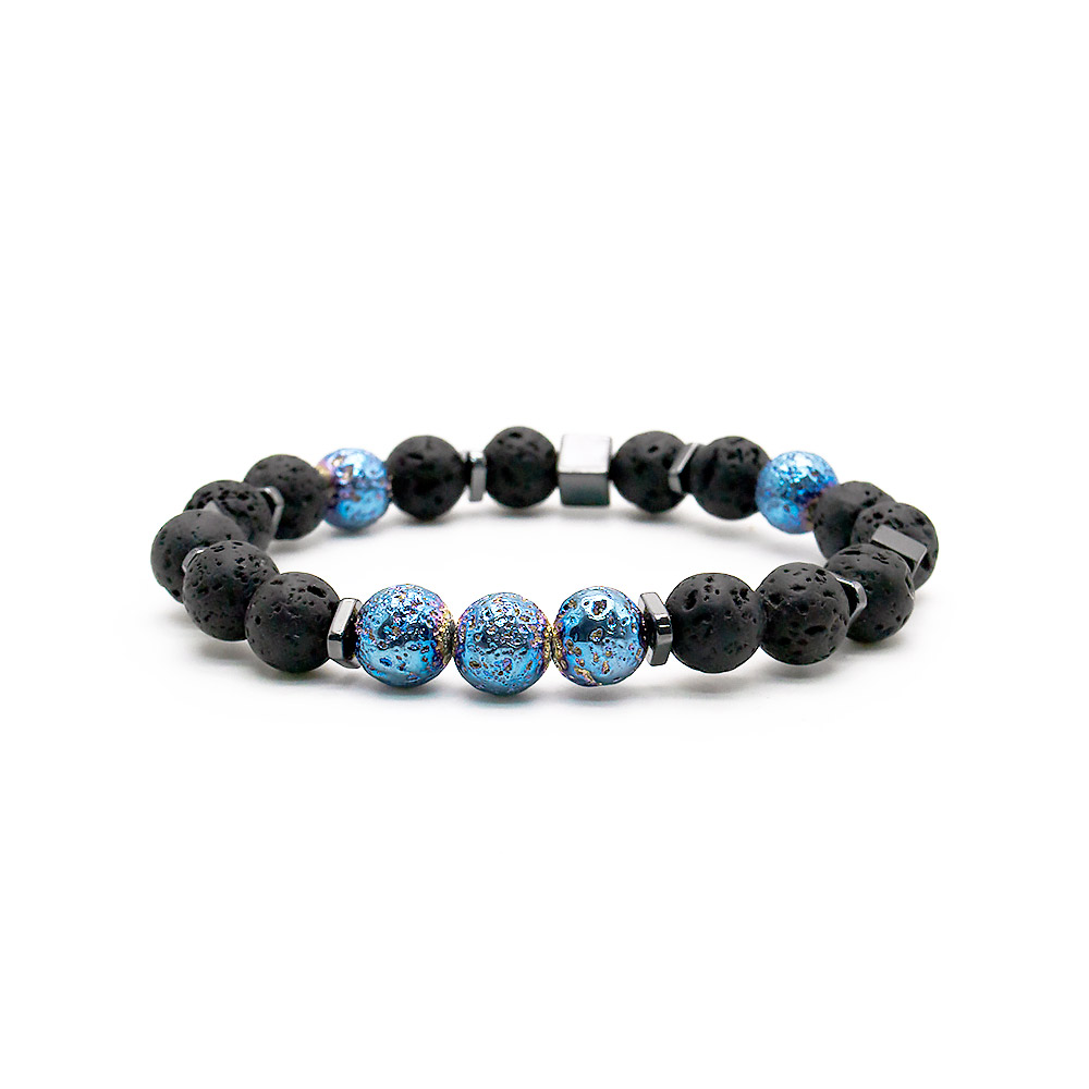 Браслет из лавы, лавы с покрытием синее золото и вставками из гематита 8 мм