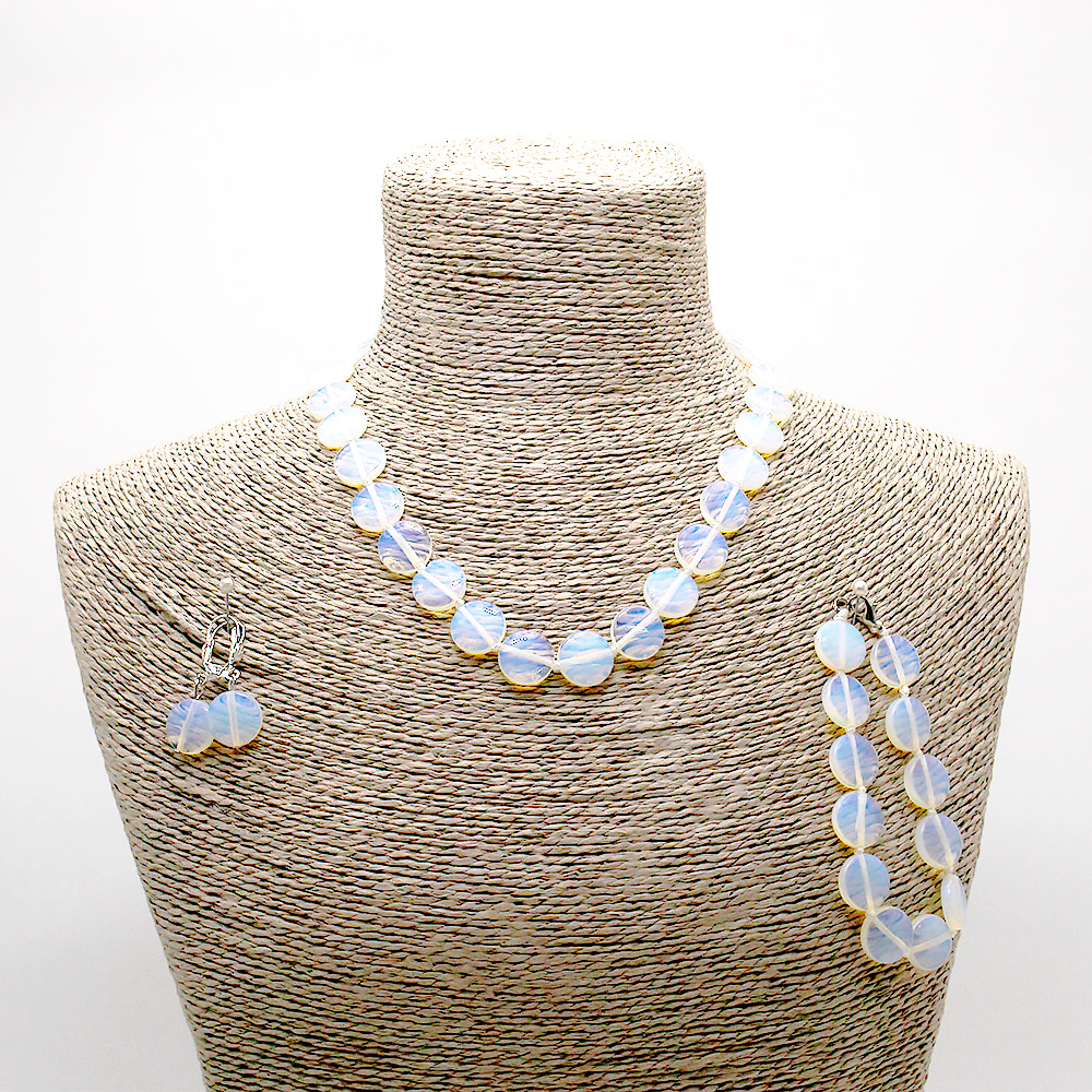 Бусы,браслет,серьги из лунного камня имитации таблетка 14 мм