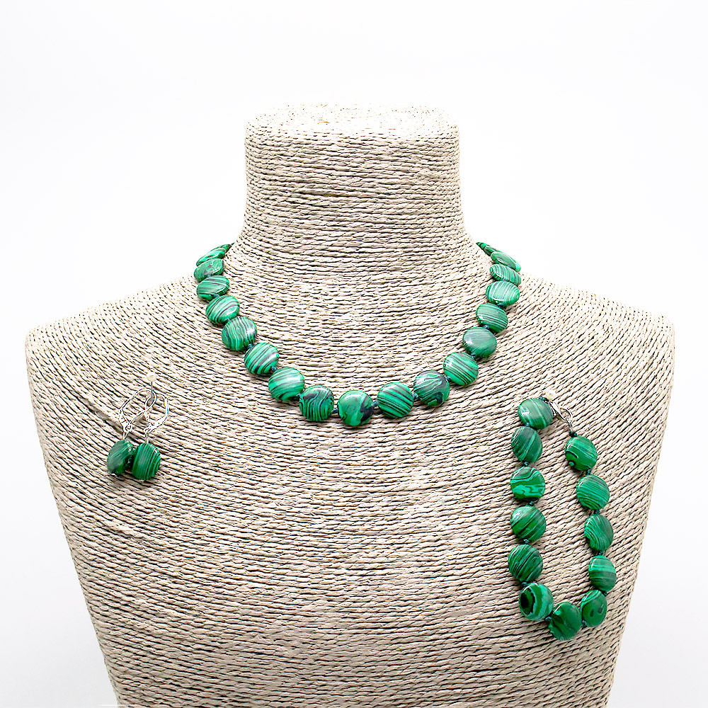 Бусы,браслет,серьги из малахита имитации таблетка круглая