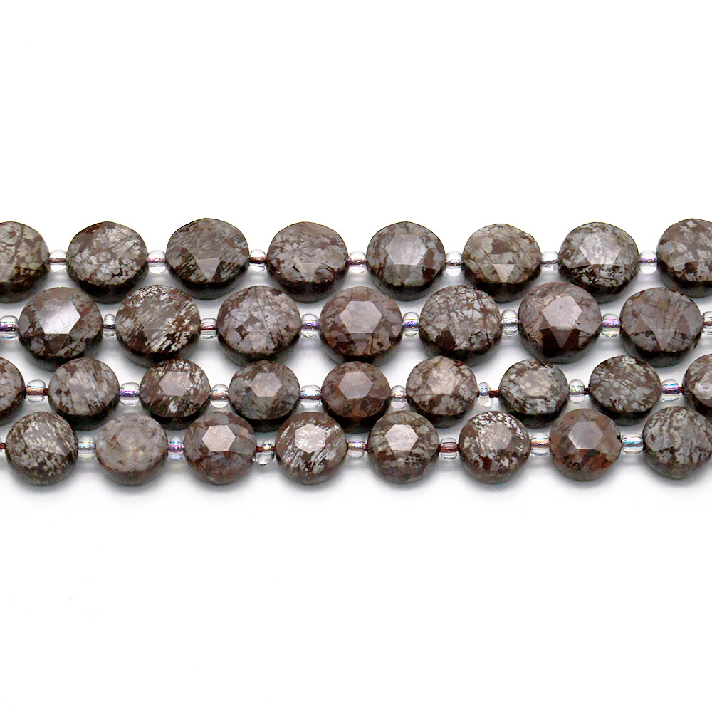 Фото товара обсидиан снежный коричневый таблетка круглая граненая