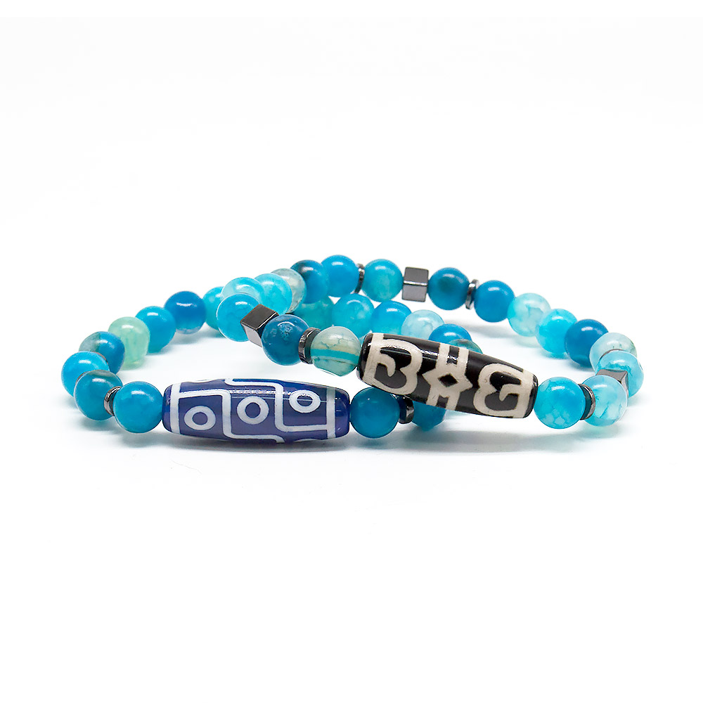 Фото товара браслет из агата кракле синего 8 мм со вставками из гематита и бусиной дзи