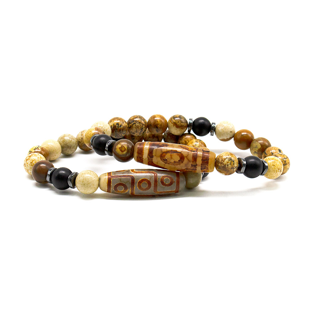 Фото товара браслет с бусиной дзи из яшмы песчаной со вставкой из шунгита и гематита 8 мм