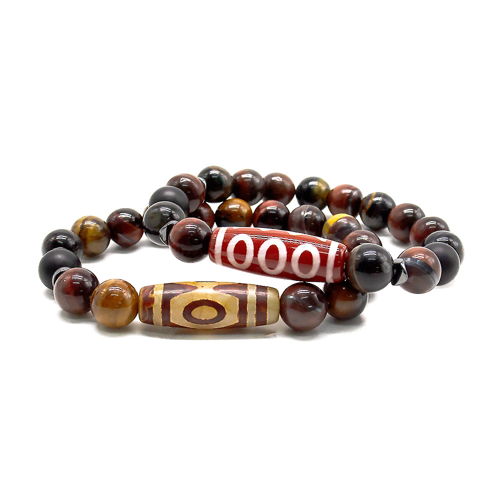 Браслет из бычьего,тигрового,соколинного глаза 10 мм,со вставками из гематита и шунгита и бусины Дзи