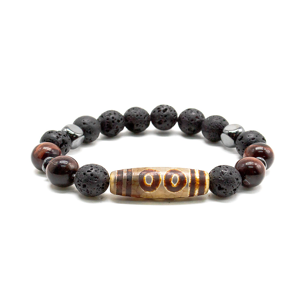 Фото товара браслет из бычьего глаза 10 мм с лавой и бусиной дзи