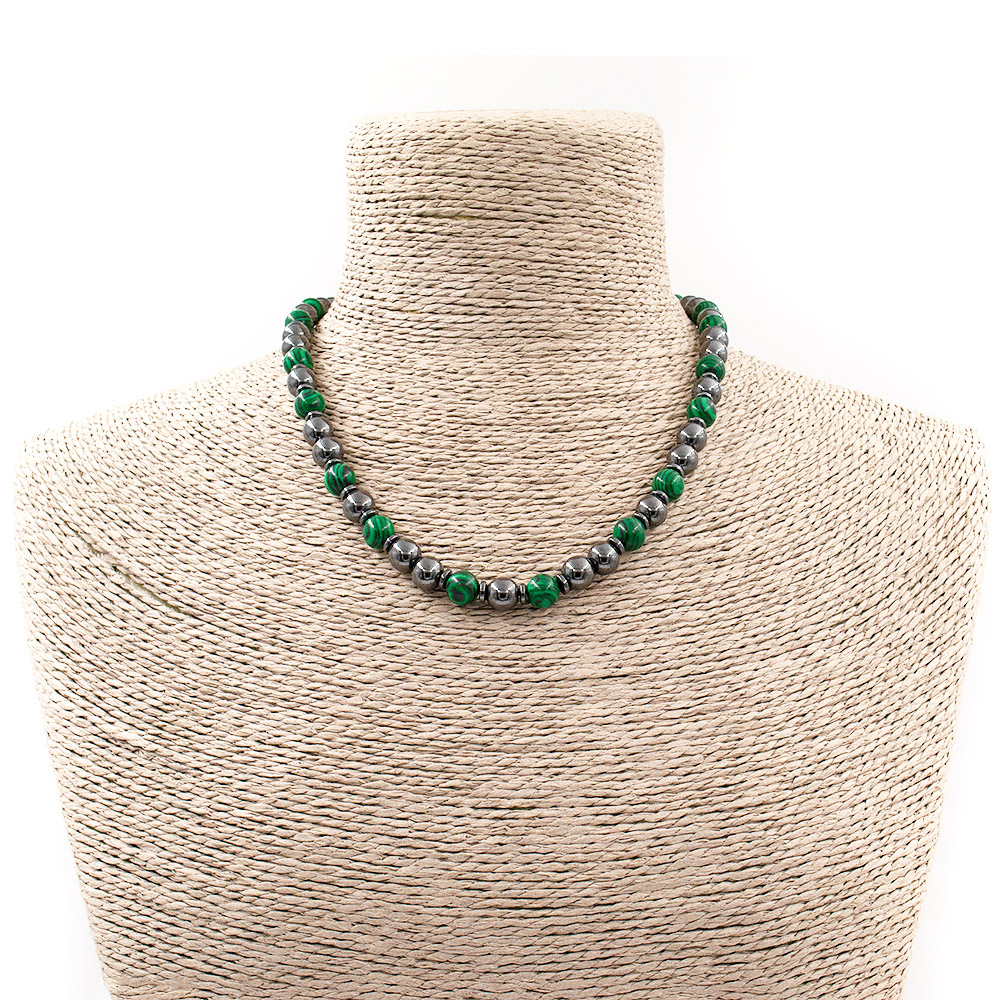 Фото товара бусы из малахита имитации с гематитом шар 8 мм