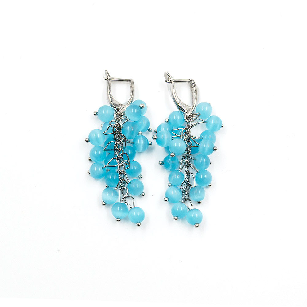 Фото товара серьги "гроздь" кошачий глаз имтация 6 мм голубые