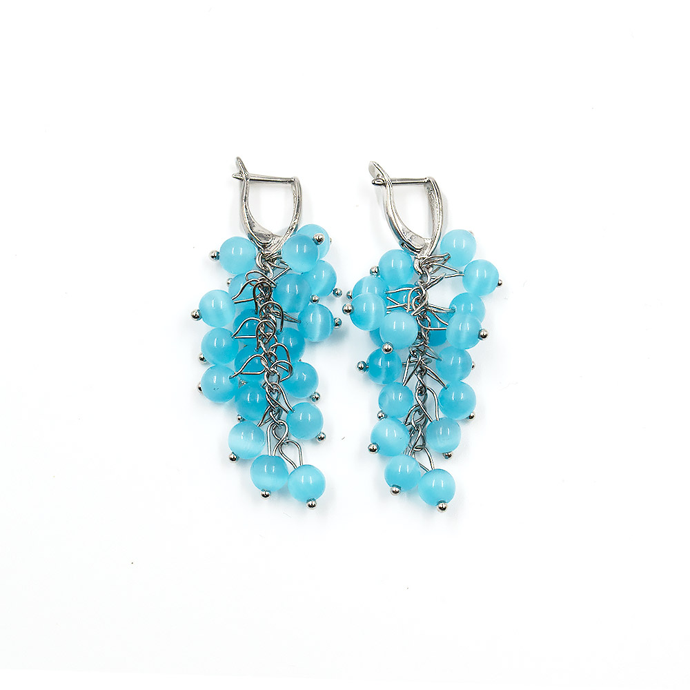 Серьги "Гроздь" кошачий глаз имтация 6 мм голубые