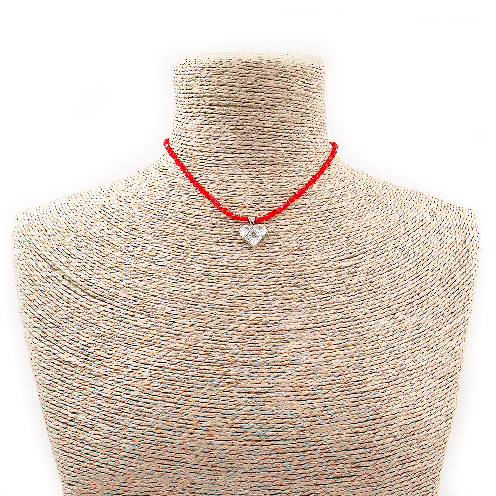 Бусы-чокер из циркона "Елочка" 4*3 мм цвет красный с подвеской "Сердце"