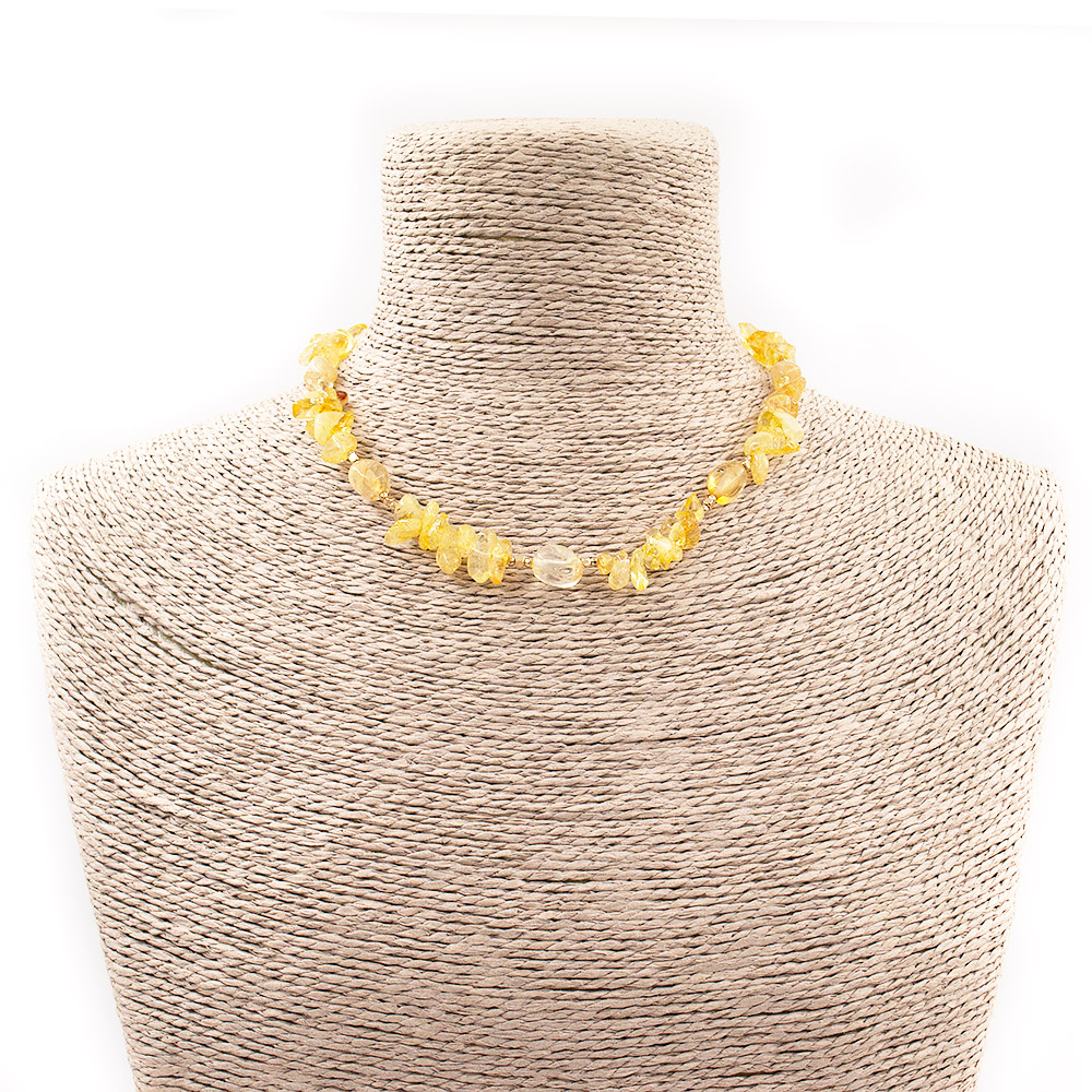 Фото товара бусы-чокер из цитрина галтовки с крошкой и вставками из гематита цвет золото