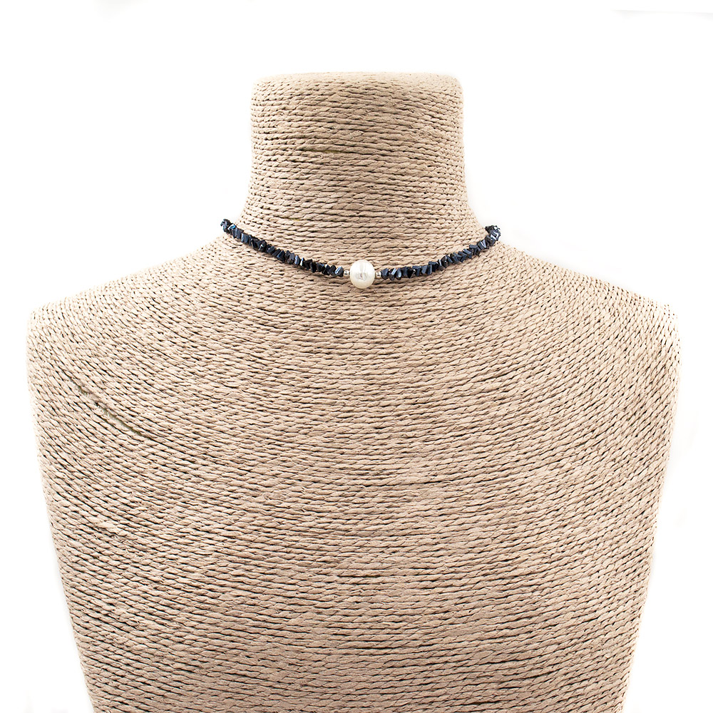 Фото товара бусы-чокер из циркона "елочка" 4*3 мм цвет антрацит алмазная грань с майоркой