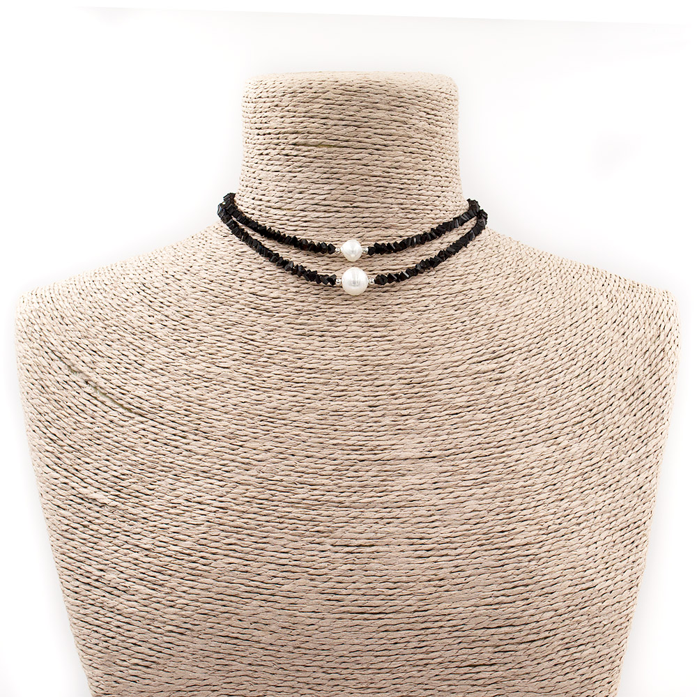 Фото товара бусы-чокер из циркона "елочка" 4*3 мм цвет черный алмазная грань с майоркой