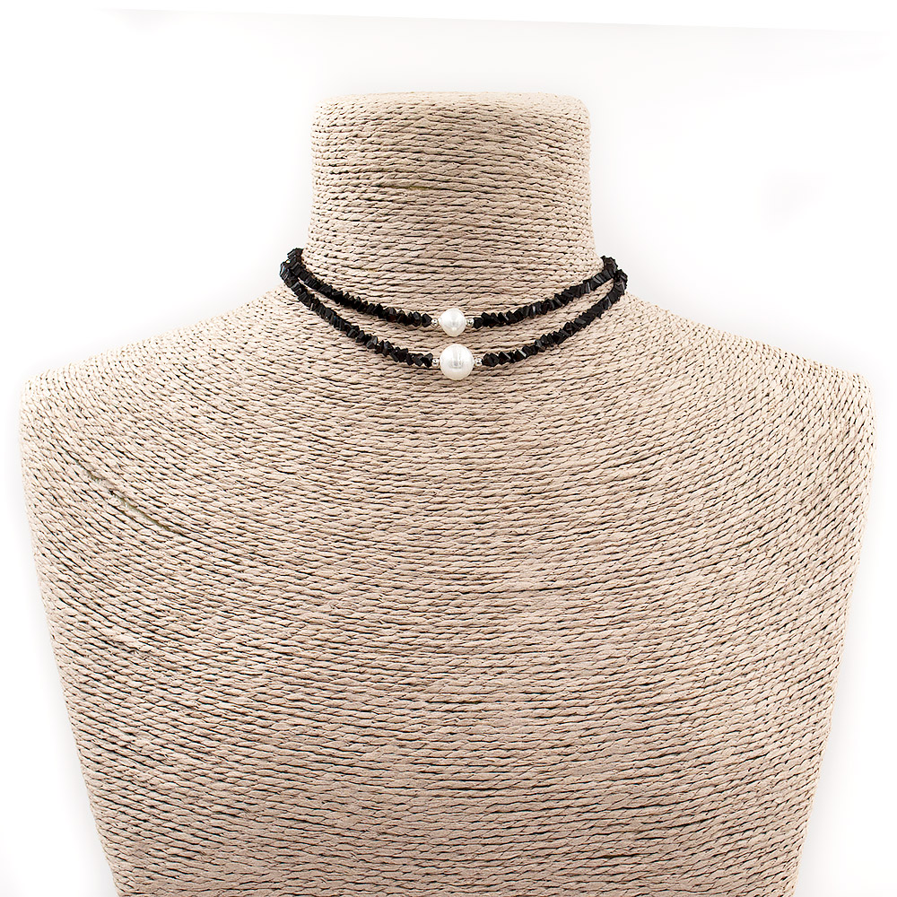 Бусы-чокер из циркона "Елочка" 4*3 мм цвет черный алмазная грань с майоркой