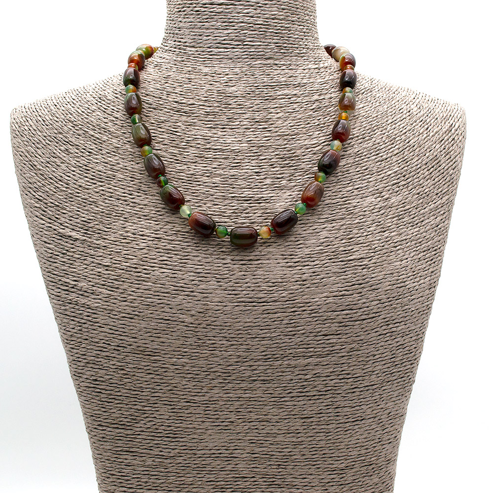 Фото товара бусы из агата тонированного коричнево-зеленого бочонок 14*10