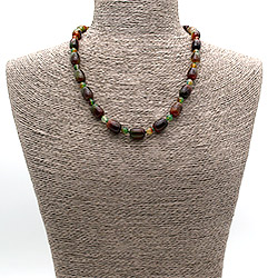 Фото товара бусы из агата тонированного коричнево-зеленого бочонок 14*10