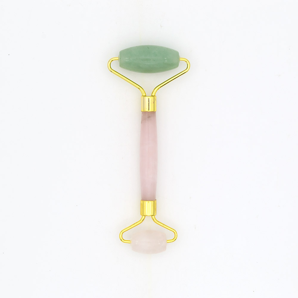 Фото товара массажер роликовый из авантюрина зеленого и розового кварца с ручкой из розового кварца