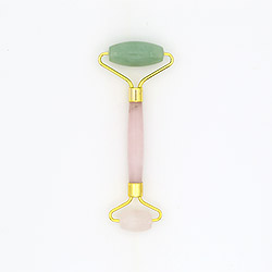 Массажер роликовый из авантюрина зеленого и розового кварца с ручкой из розового кварца