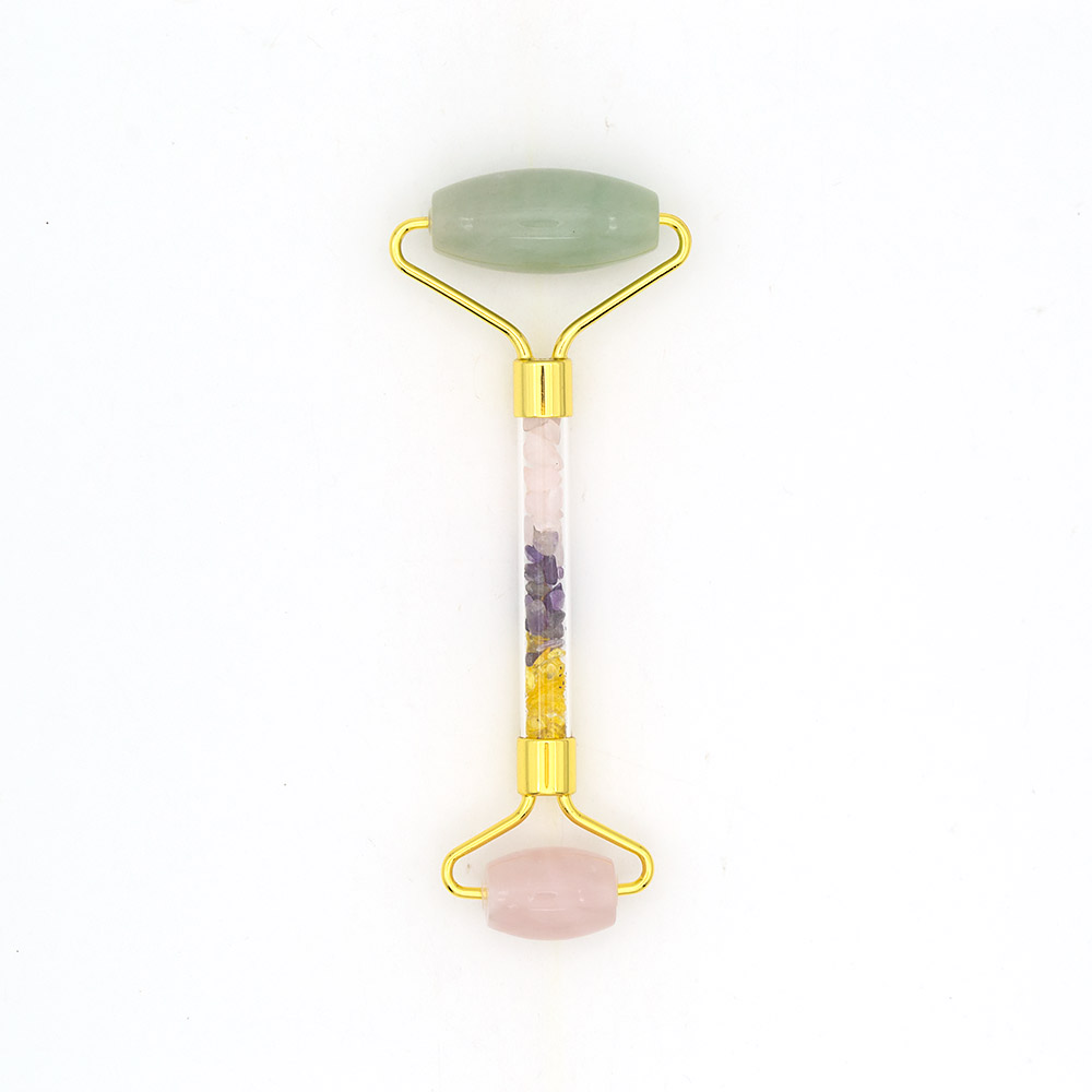 Фото товара массажер роликовый из авантюрина зеленого и розового кварца с ручкой из самоцветов