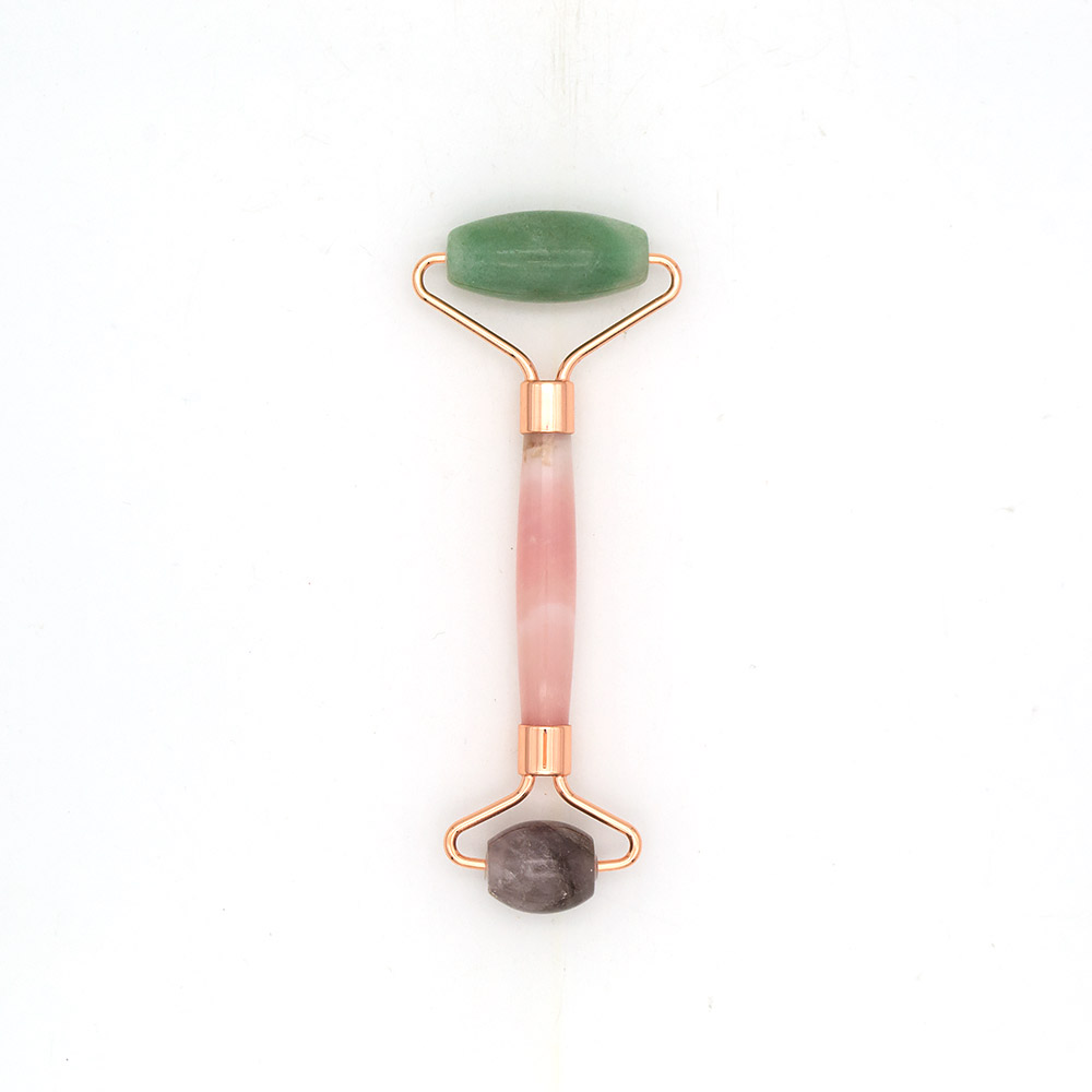 Фото товара массажер роликовый из авантюрина зеленого и аметиста с ручкой из розового кварца