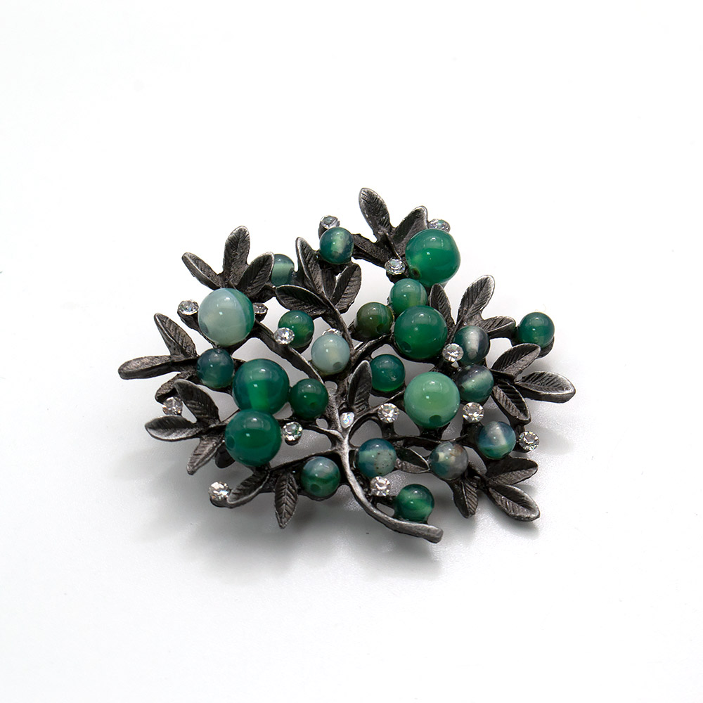 Фото товара брошь "куст малый" зеленый агат со стразами
