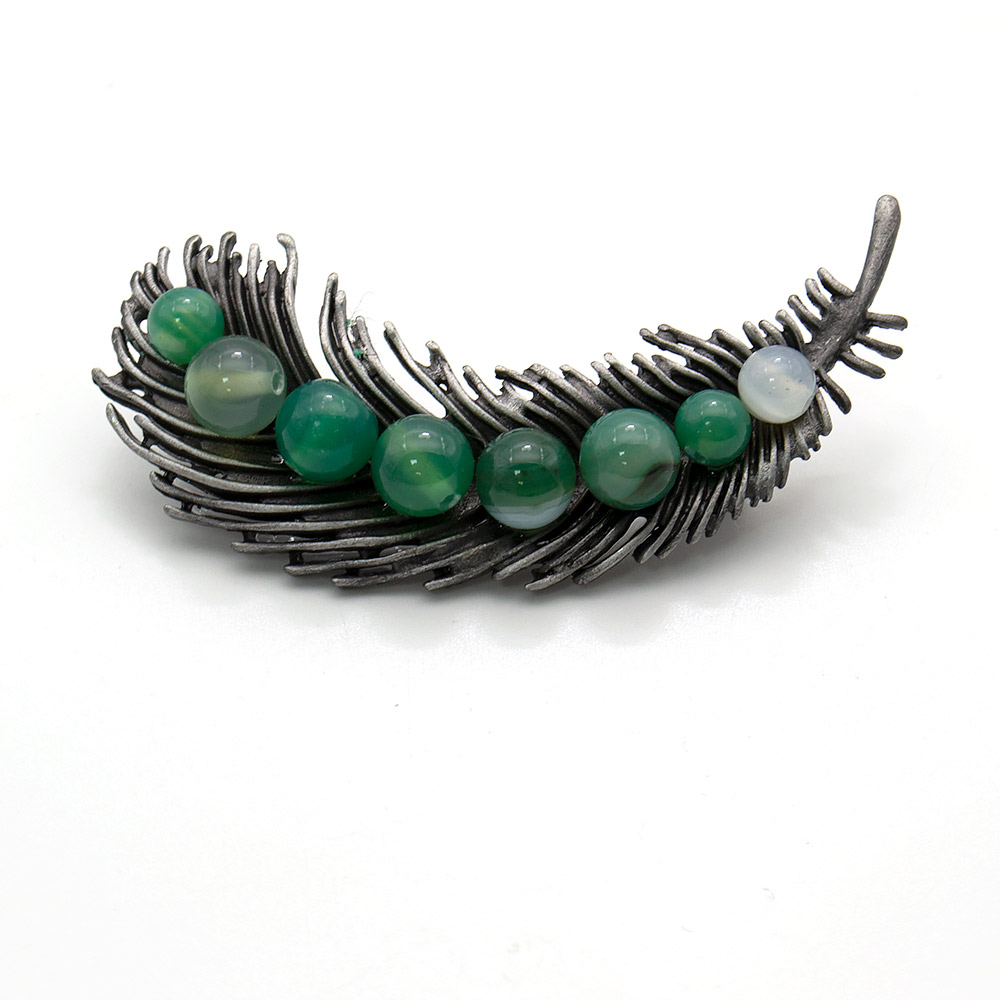 Фото товара брошь "пёрышко" зеленый агат