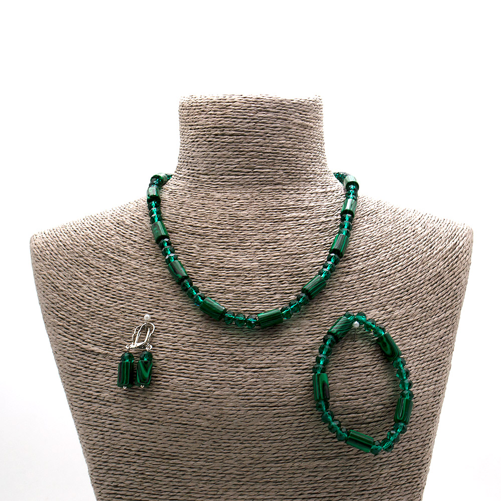 Фото товара бусы,браслет,серьги из малахита имитации цилиндр с цирконом