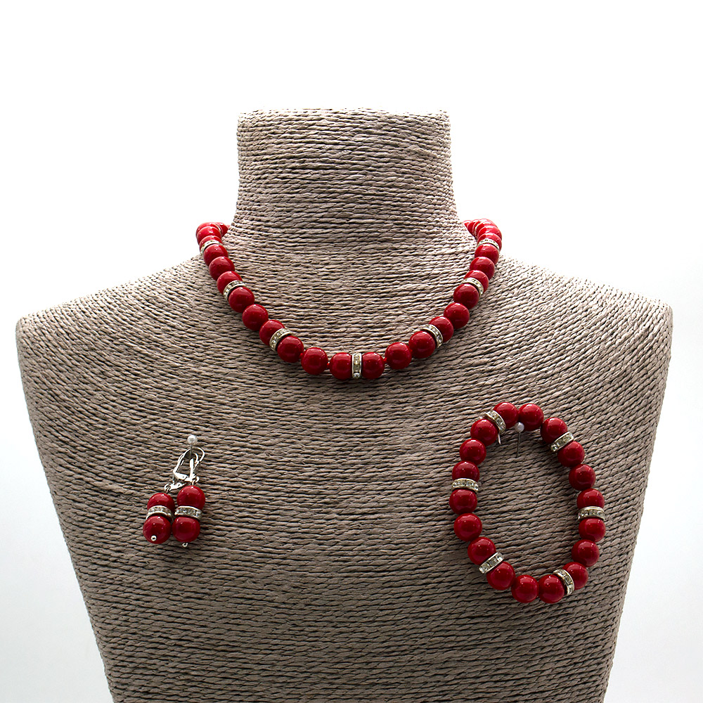 Фото товара бусы,браслет,серьги из коралла имитации шар с фурнитурой "стразы"