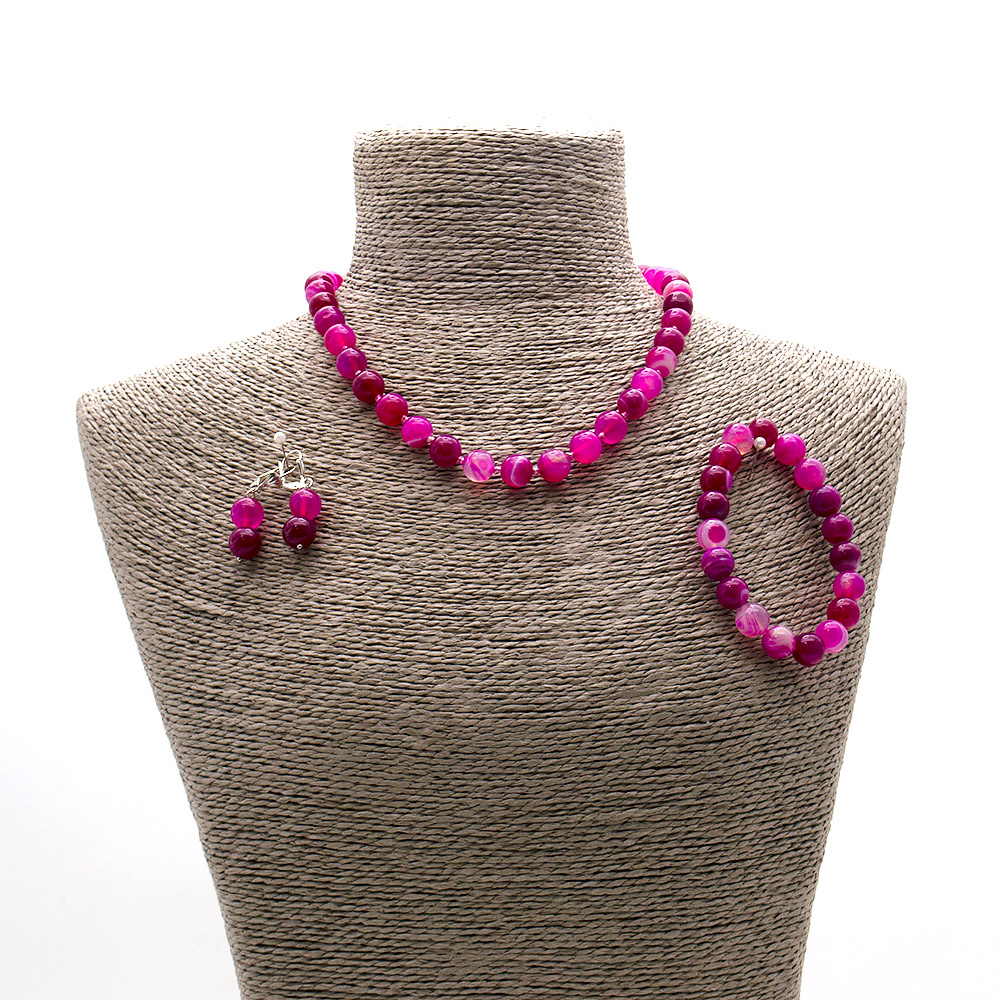 Фото товара бусы,браслет,серьги из агата цвет фуксия светлая шар