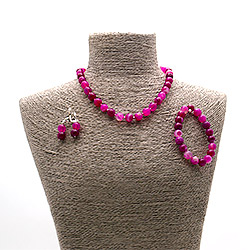 Бусы,браслет,серьги из агата цвет фуксия светлая шар