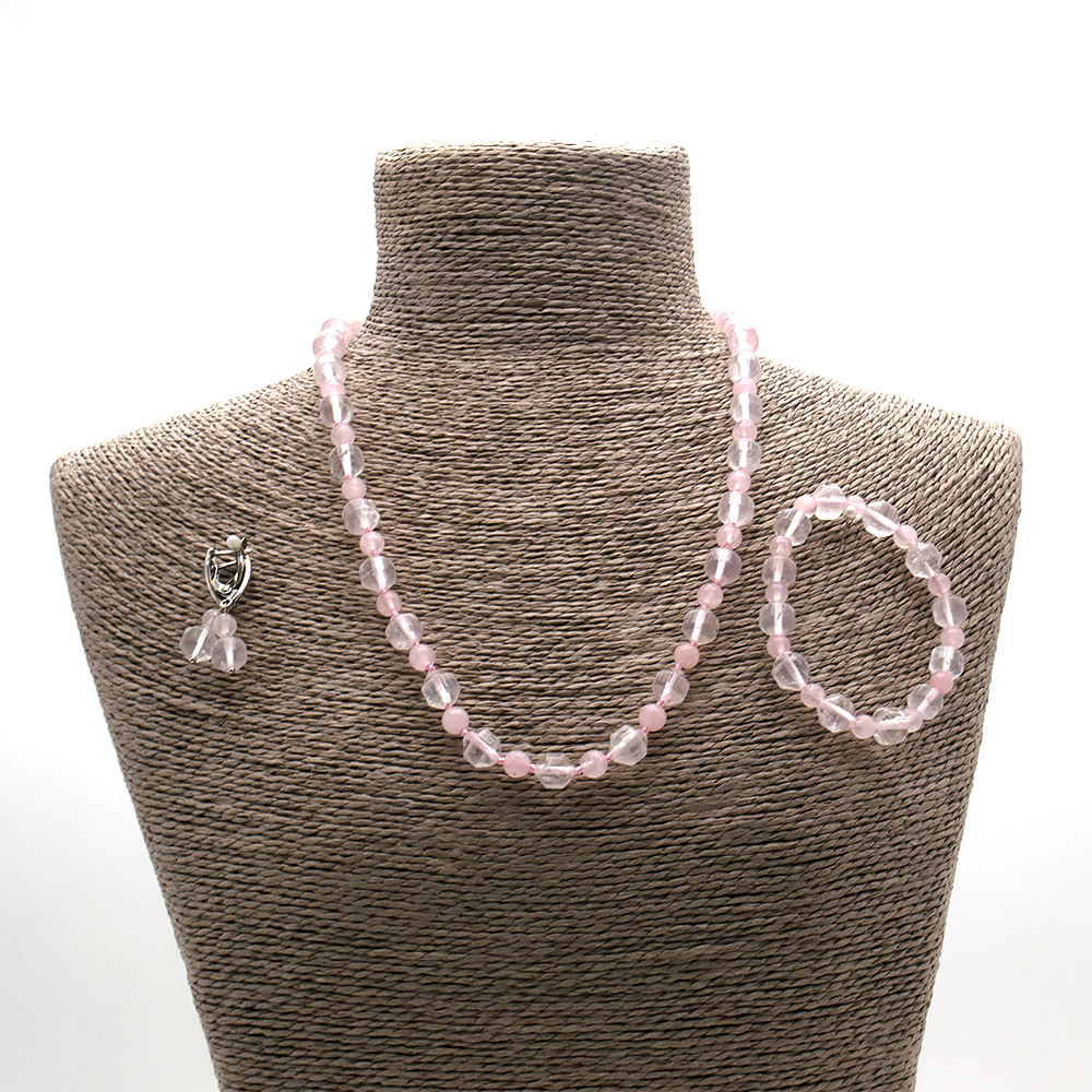 Фото товара бусы,браслет,серьги из розового кварца биконус