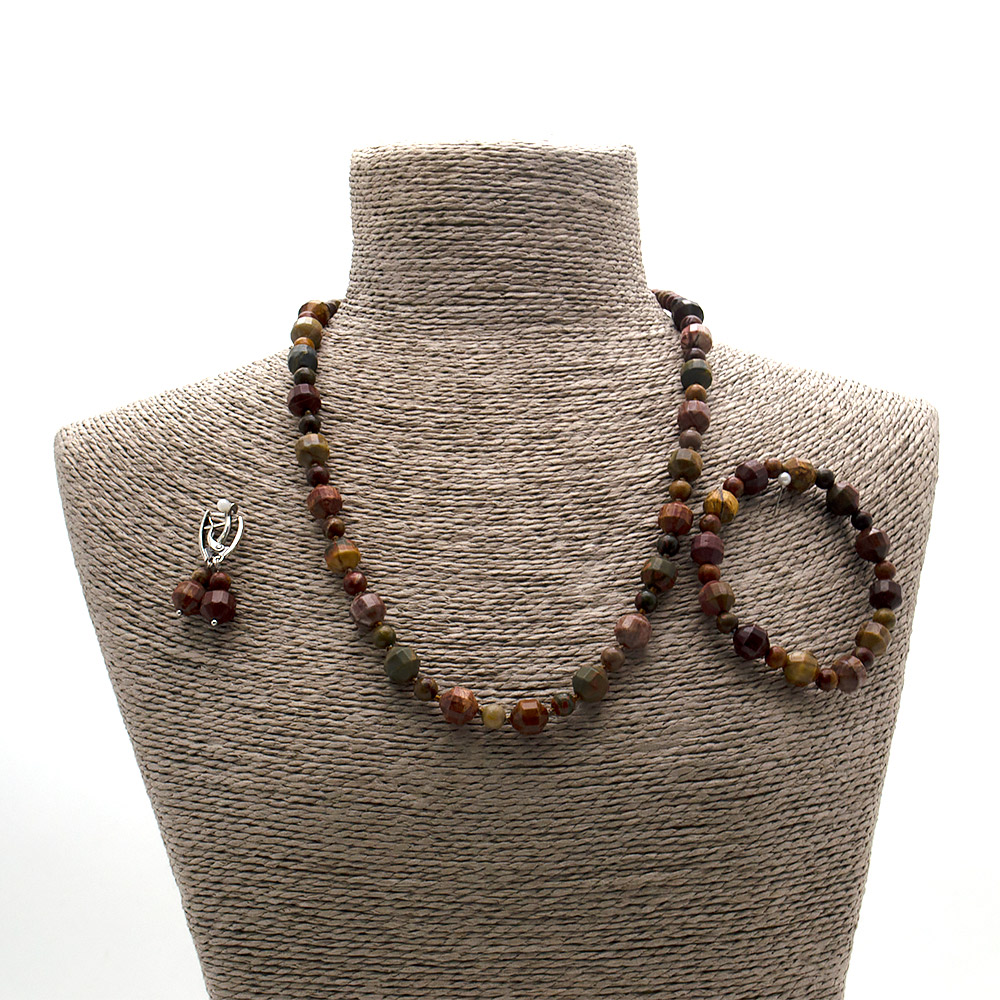 Фото товара бусы,браслет,серьги из яшмы "пикассо" биконус