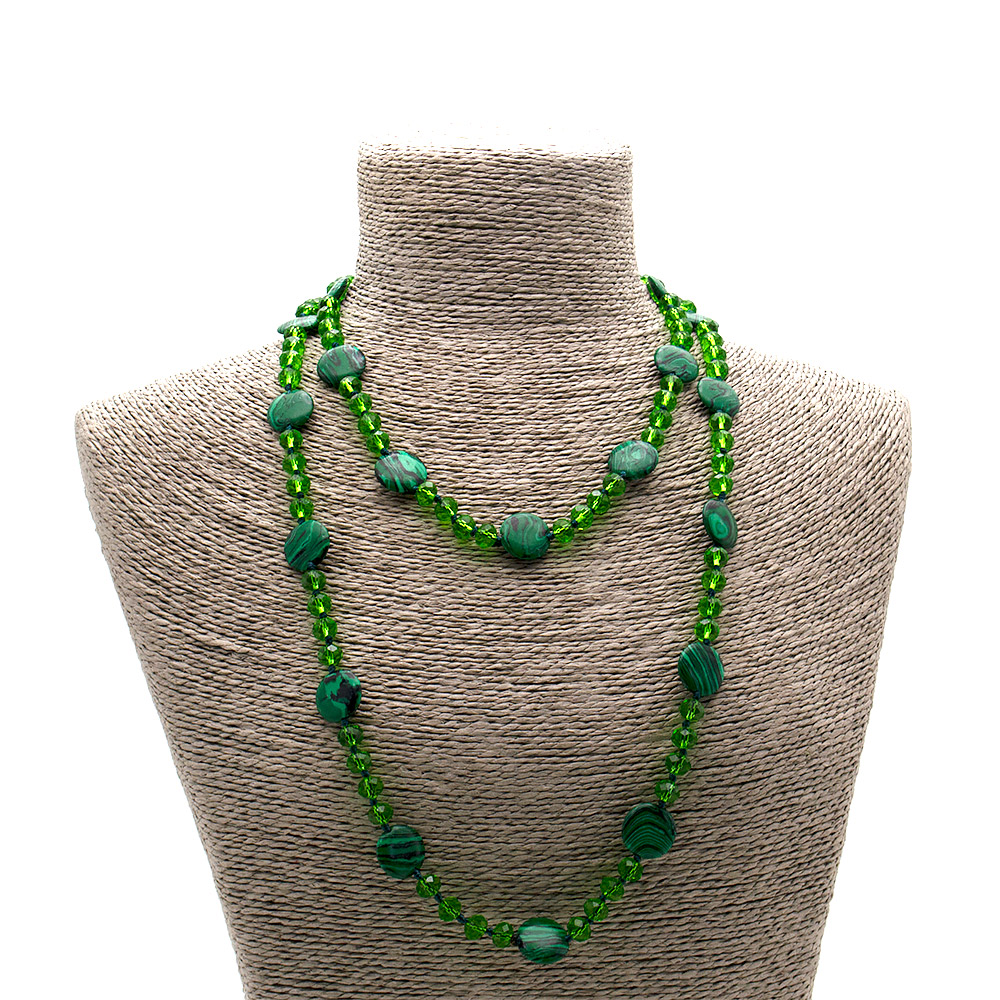 Фото товара бусы из малахита имитации таблетка 16 мм с цирконом