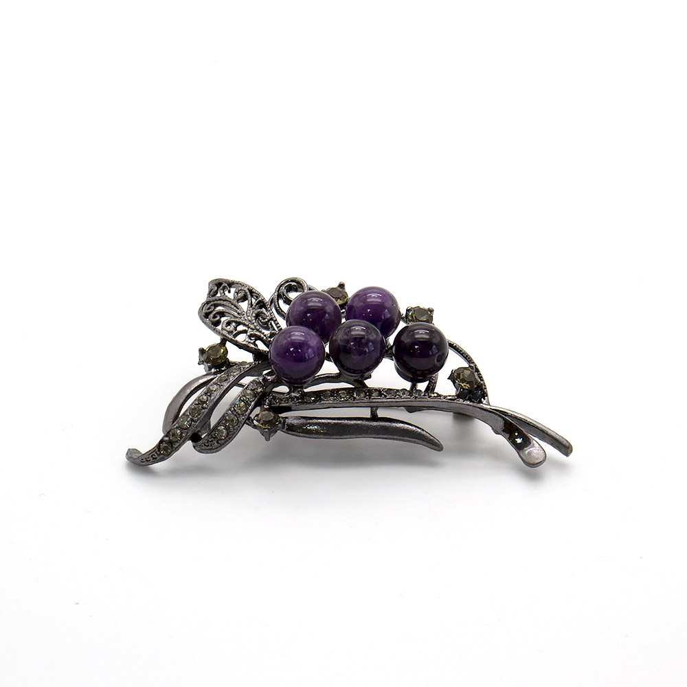Фото товара брошь "ажурный лист 5 камней" аметист а0147