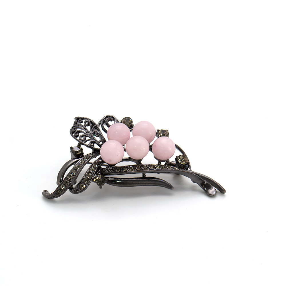 Фото товара брошь "ажурный лист 5 камней" розовый кварц а0147