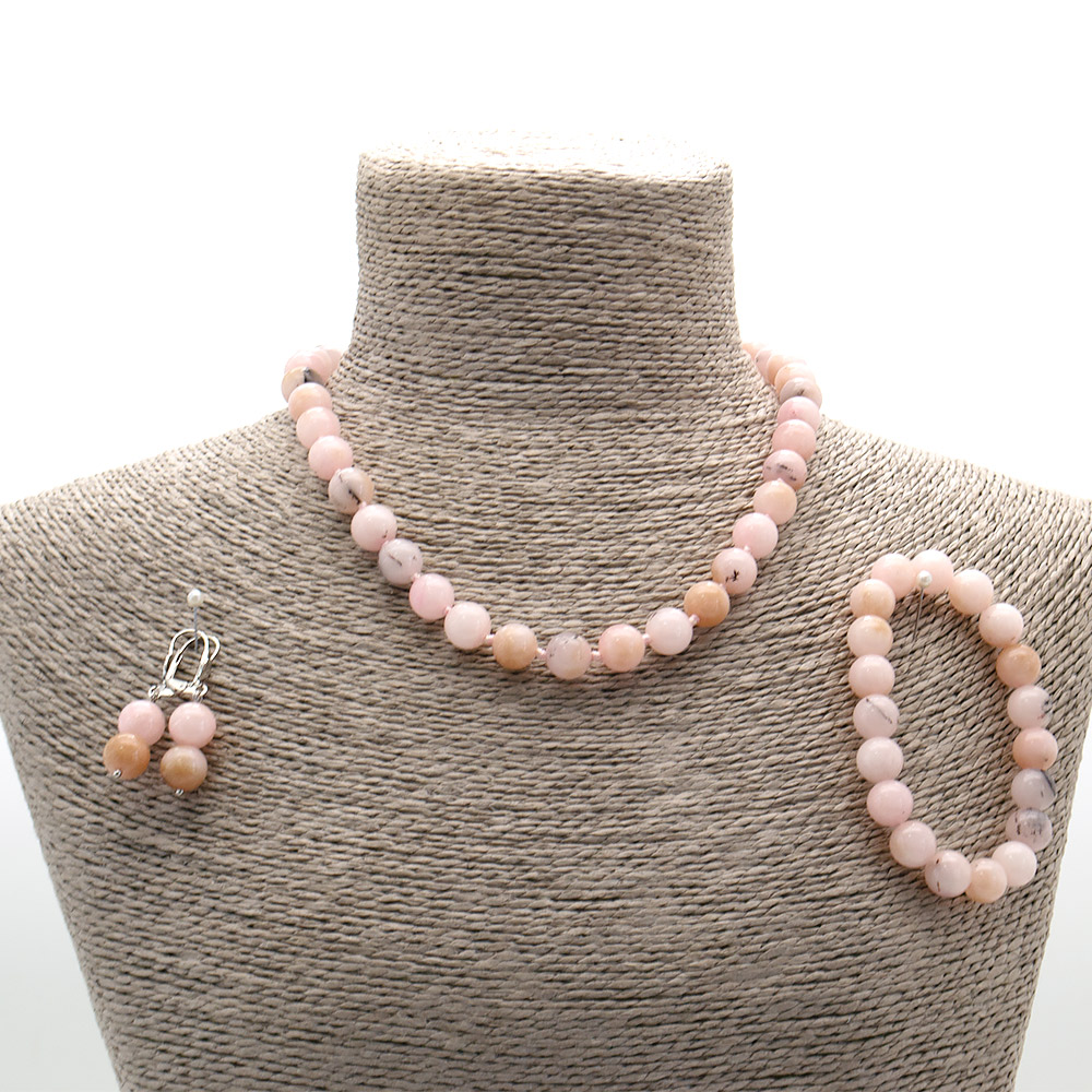 Фото товара бусы,браслет,серьги из кварца цвет опал розовый шар