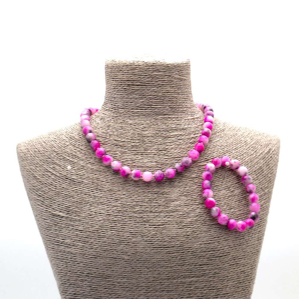 Фото товара бусы,браслет из кальцита пигментированного фуксия с черным шар