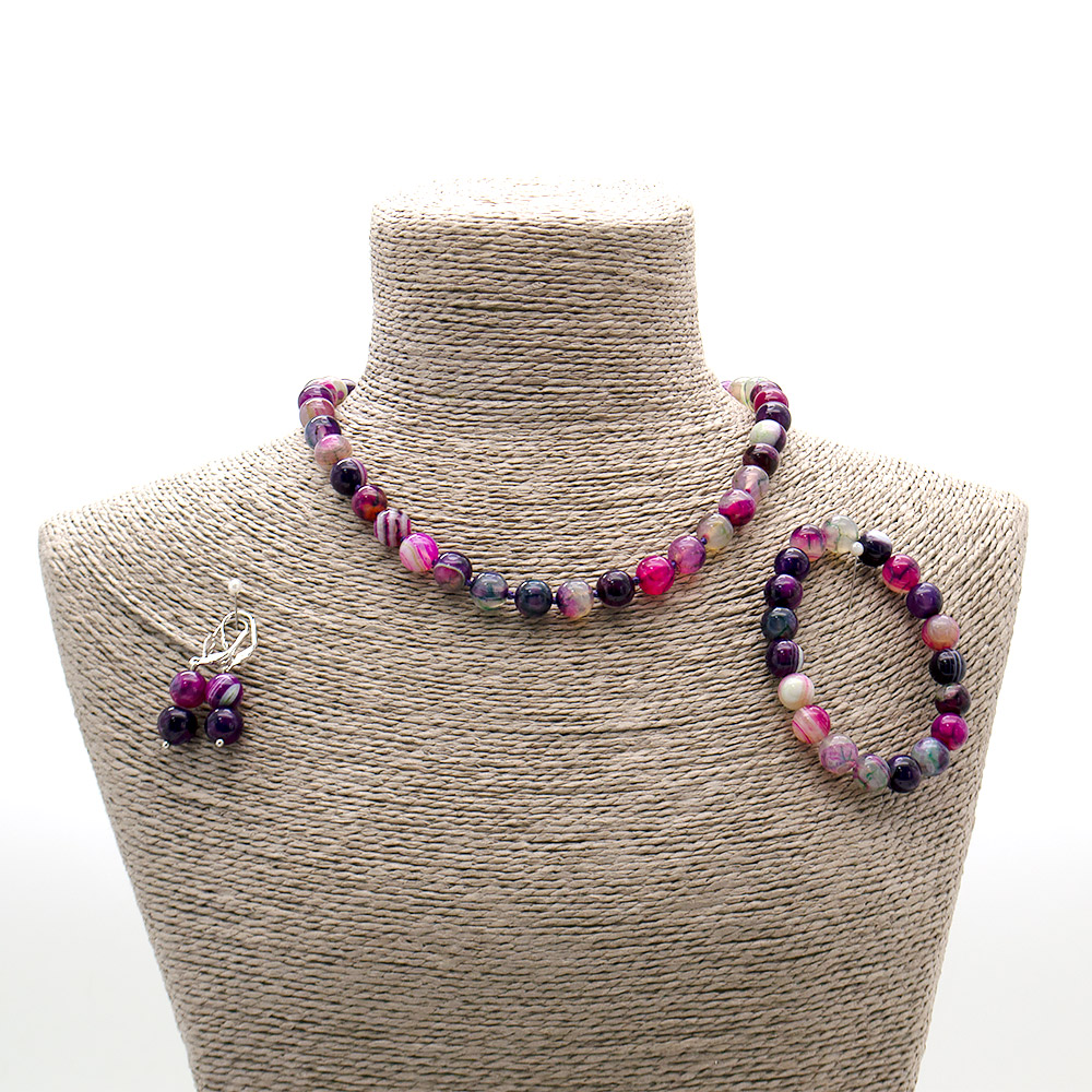 Фото товара бусы,браслет,серьги из агата кракле цвет фуксия с зеленым шар