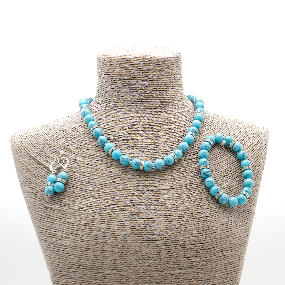 Фото товара бусы,браслет,серьги из бирюзы имитации шар со стразами