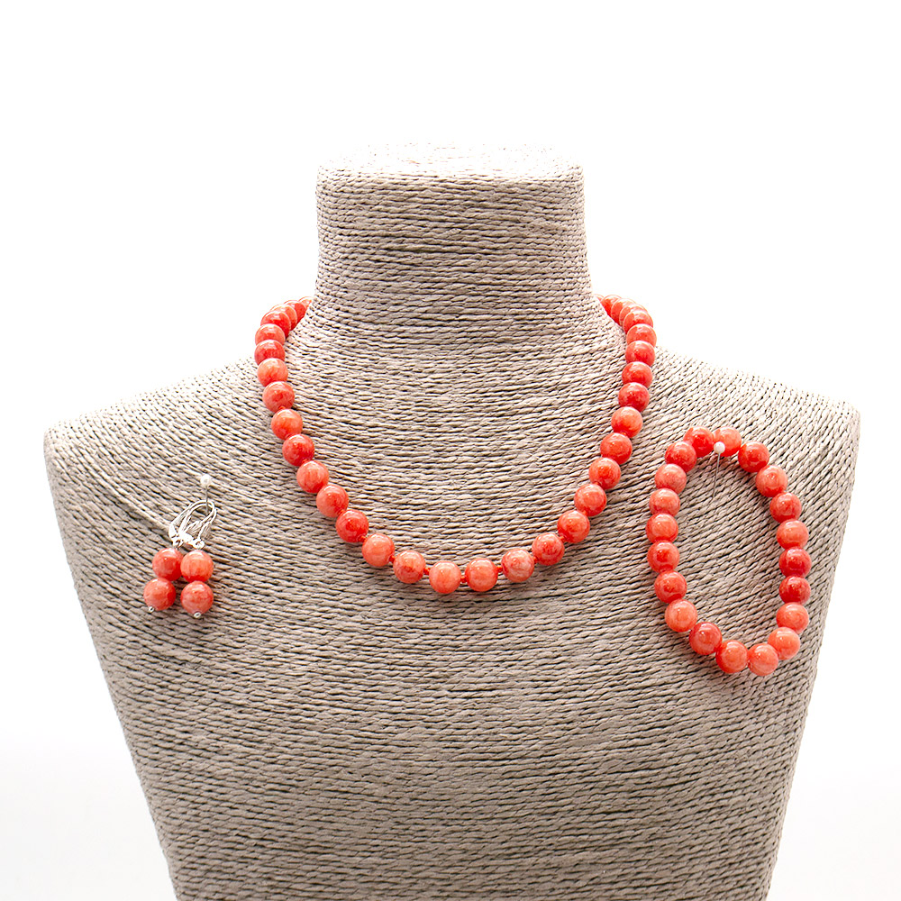 Фото товара бусы,браслет,серьги из кальцита тонированного цвет морковный шар