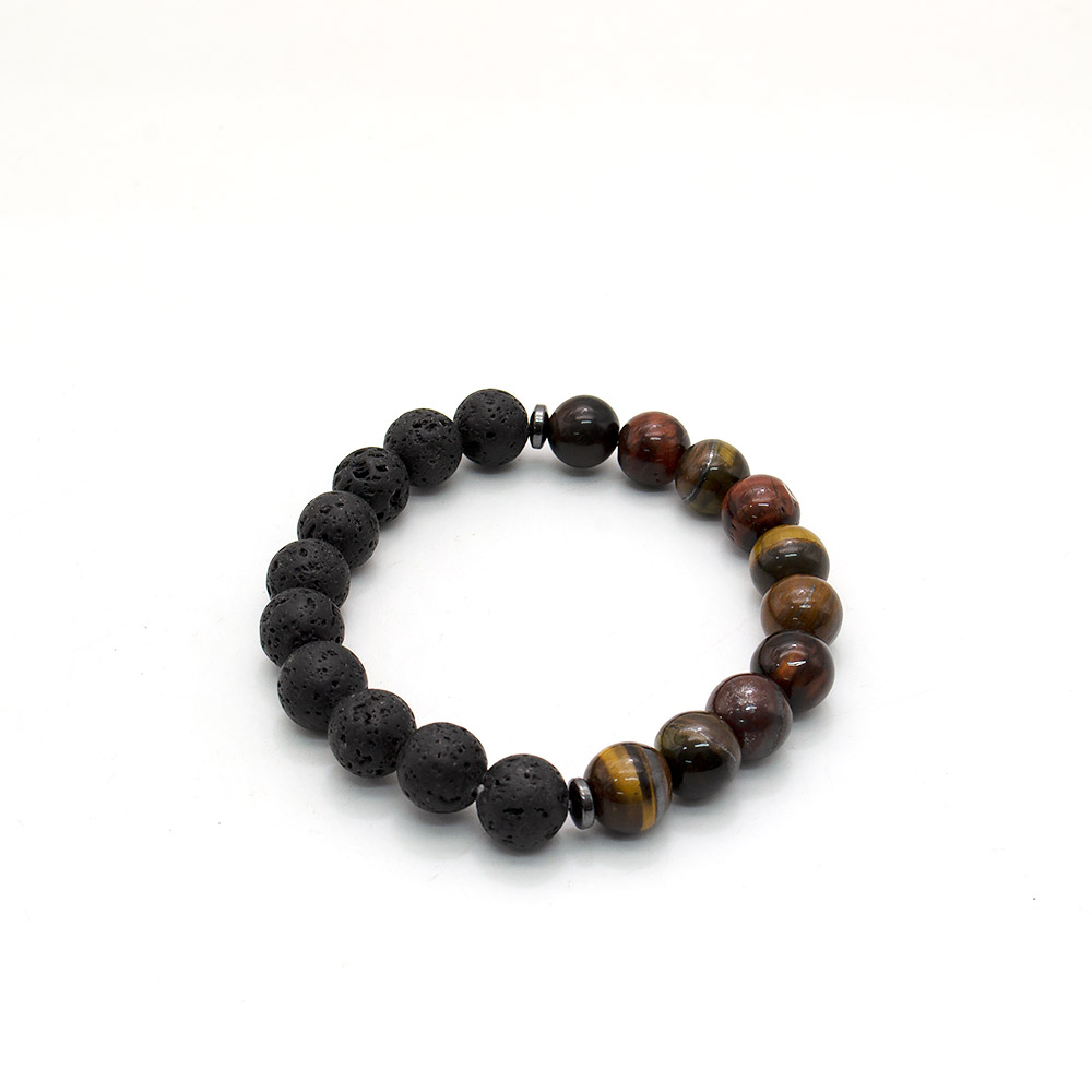 Фото товара браслет из тигрового, соколиного, бычьего глаза с лавой шар 10 мм и вставками из гематита 