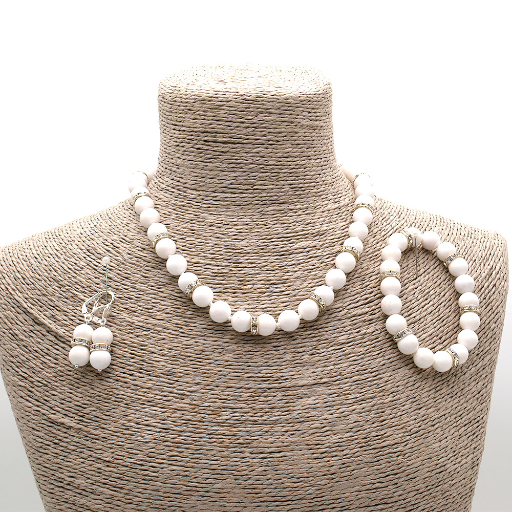 Фото товара набор бусы,браслет,серьги белый кахолонг со стразами 10мм