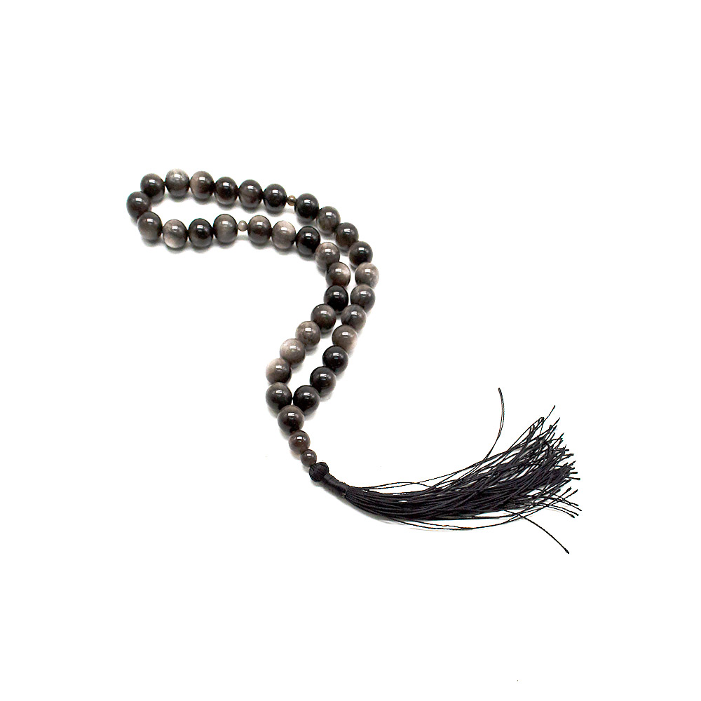 Фото товара четки из обсидиана серебристого 10мм 33 бусины