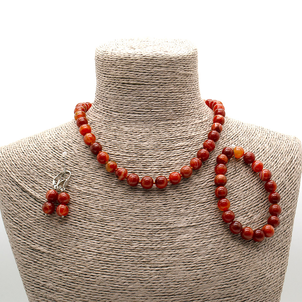 Фото товара бусы,браслет,серьги из агата цвет сердолик шар 10 мм