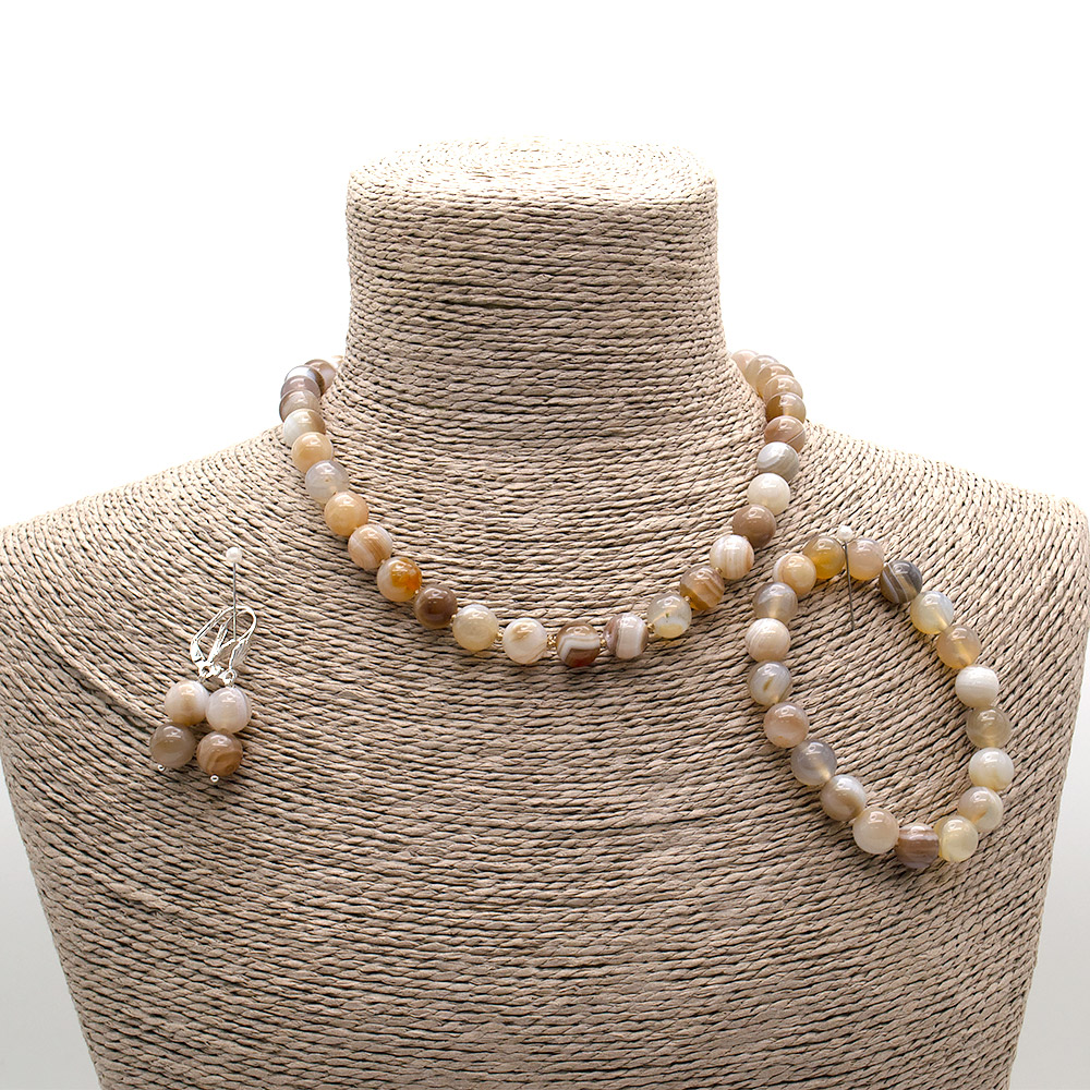 Фото товара бусы,браслет,серьги из агата цвет бежевый 10 мм