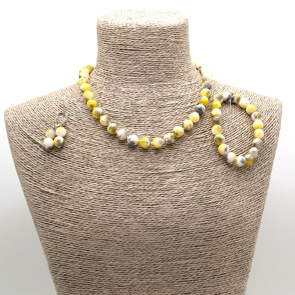 Фото товара бусы,браслет,серьги из кальцита цвет желтый с черным 10 мм