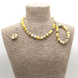 Бусы,браслет,серьги из кальцита цвет желтый с черным 10 мм