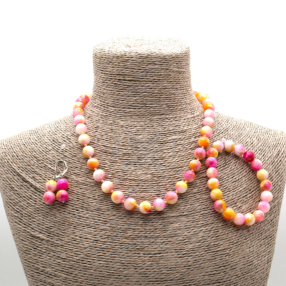 Фото товара бусы,браслет,серьги из кальцита пигментированного розовым с желтым 10 мм