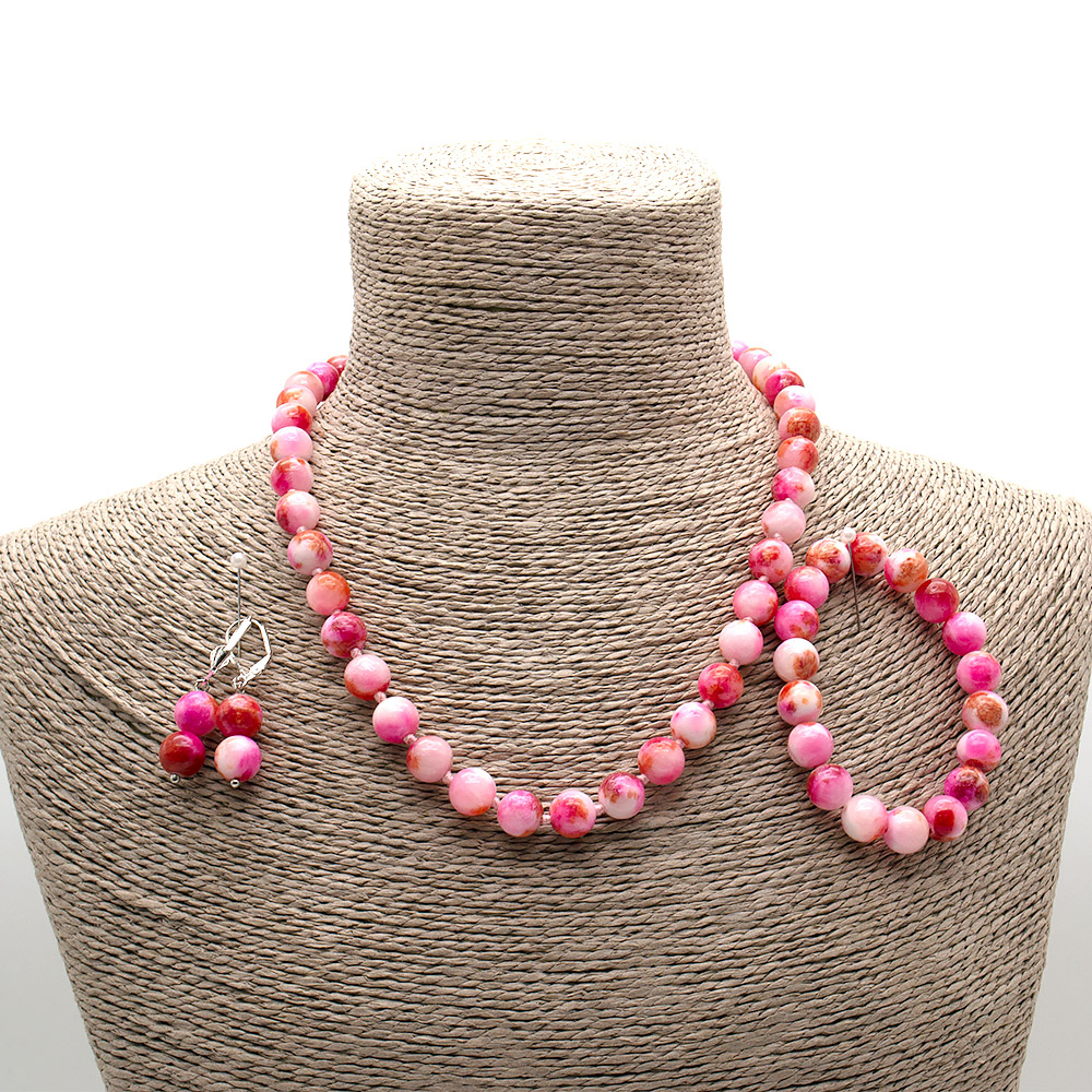 Фото товара бусы,браслет,серьги из кальцита цвет фуксия 10 мм