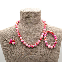 Бусы,браслет,серьги из кальцита цвет фуксия 10 мм