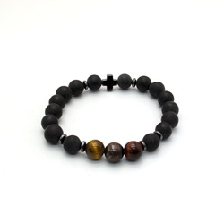 Браслет из шунгита,3 глаза  10 мм с крестиком из гематита